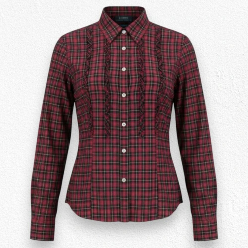 Lauren Ralph Lauren Brodie Plaid Ruffle button blouse top